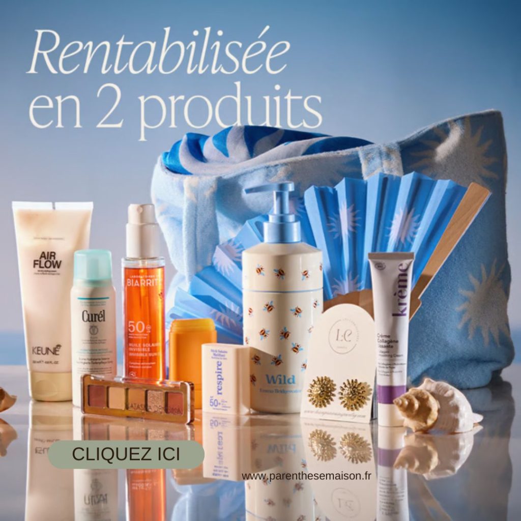 Contenu Splendist Été 2026 Blissim : palette Natasha Denona, crème Krème collagène, stick solaire Respire, huile Laboratoire de Biarritz
