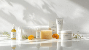Coffret Eczema Essentials contenant des soins naturels pour peaux à eczéma, photographié sur une table en bois claire