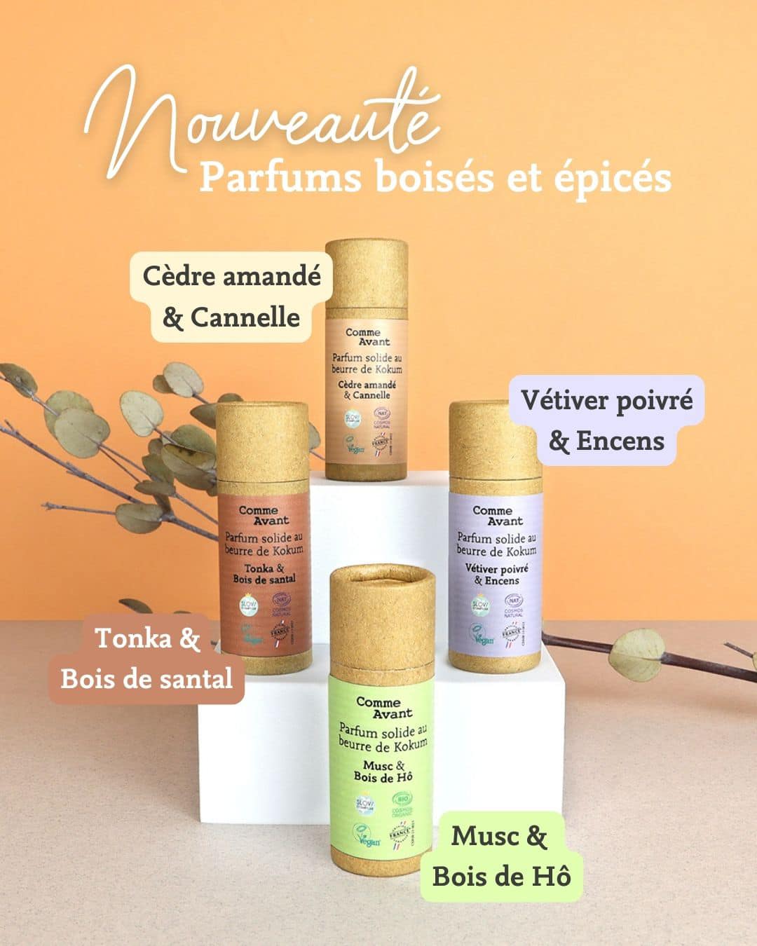 Parfum solide naturel Comme Avant au beurre de kokum, senteur vanille et jasmin, stick de 20 g