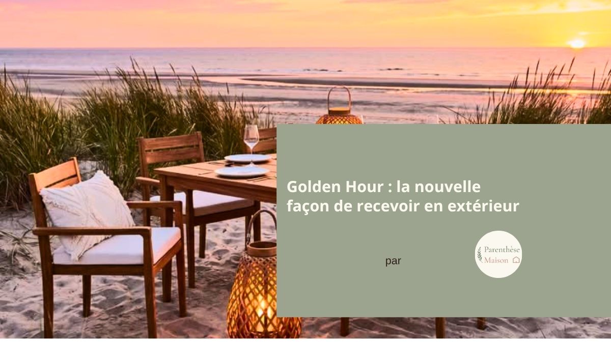 Table dressée en extérieur au coucher du soleil, ambiance golden hour