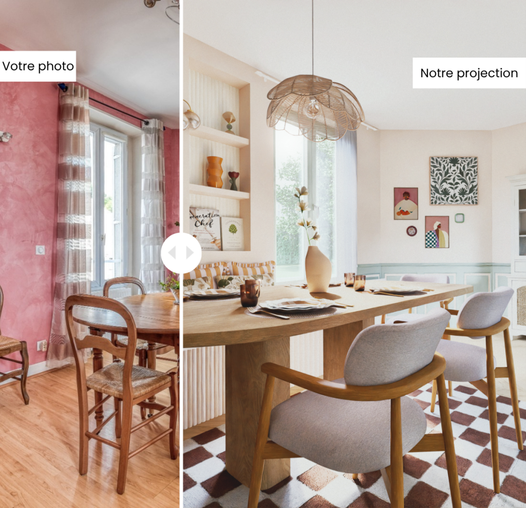 Photo avant/après d'une salle à manger transformée par le Diagnostic Déco IA de Maisons du Monde