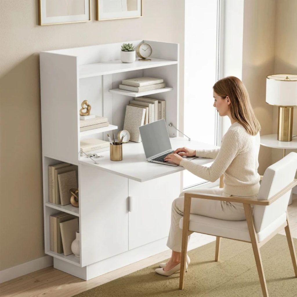 Bureau d'ordinateur avec placards et tiroirs de rangement