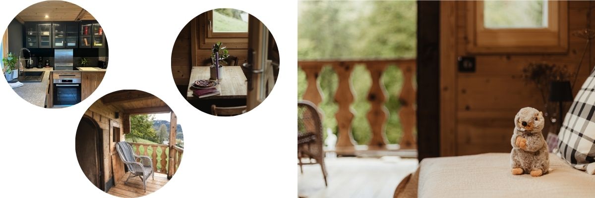 Intérieur du Mazot du Criou à Samoëns : cuisine équipée et coin repas lumineux