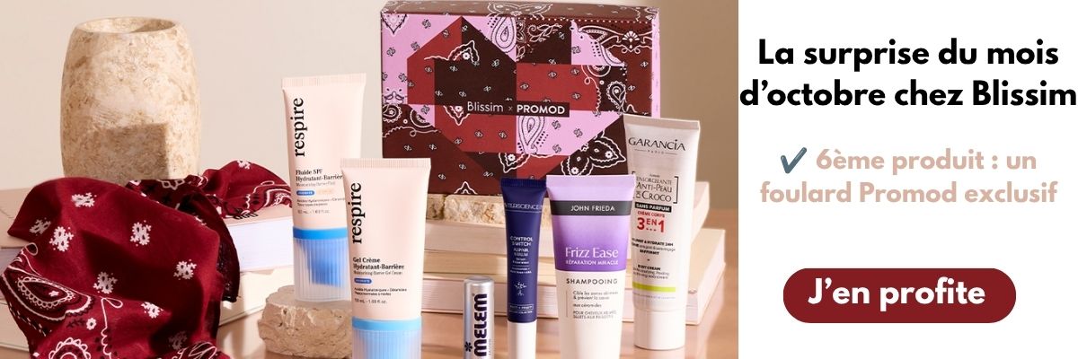 Box Blissim x Promod octobre 2026 : soin hydratant Respire, shampooing John Frieda, parfum et foulard exclusif Promod